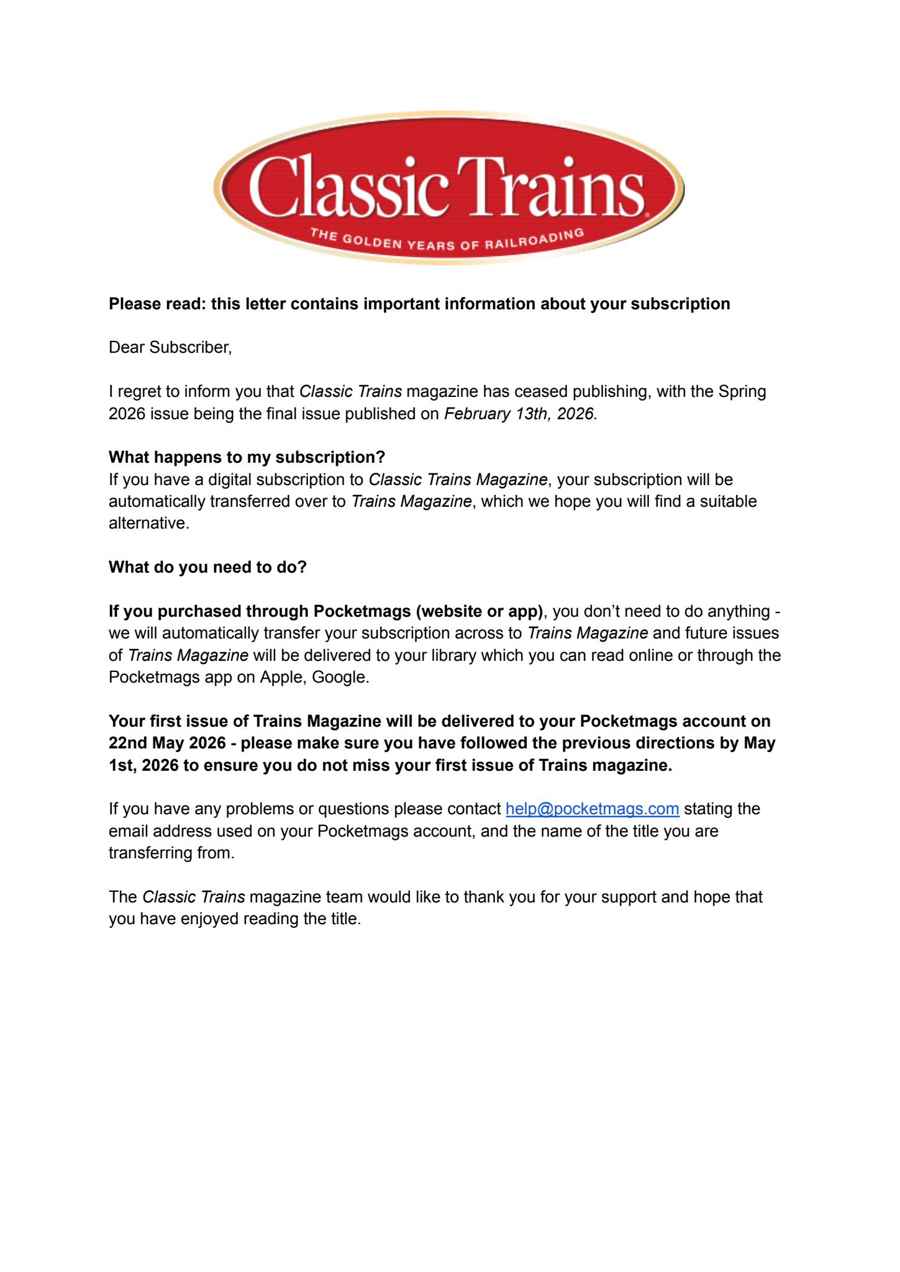 Classic Trains issue Important Notice