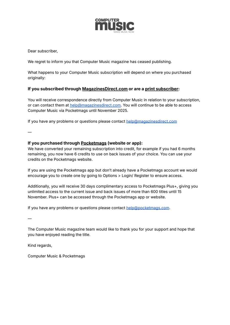 Computer Music issue Important notice 