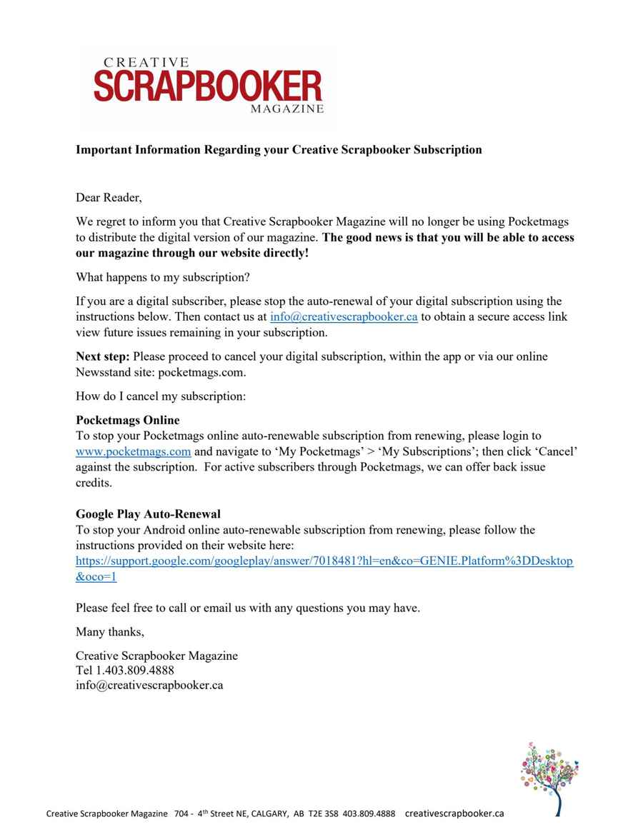 Creative Scrapbooker issue Important Notice
