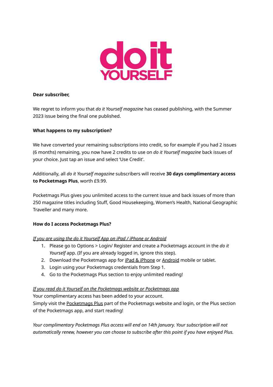 Do It Yourself issue Important Notice