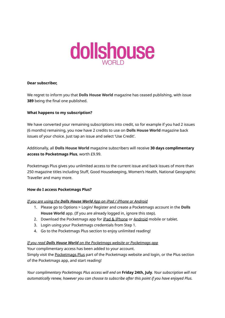 Dolls House World issue Important Notice