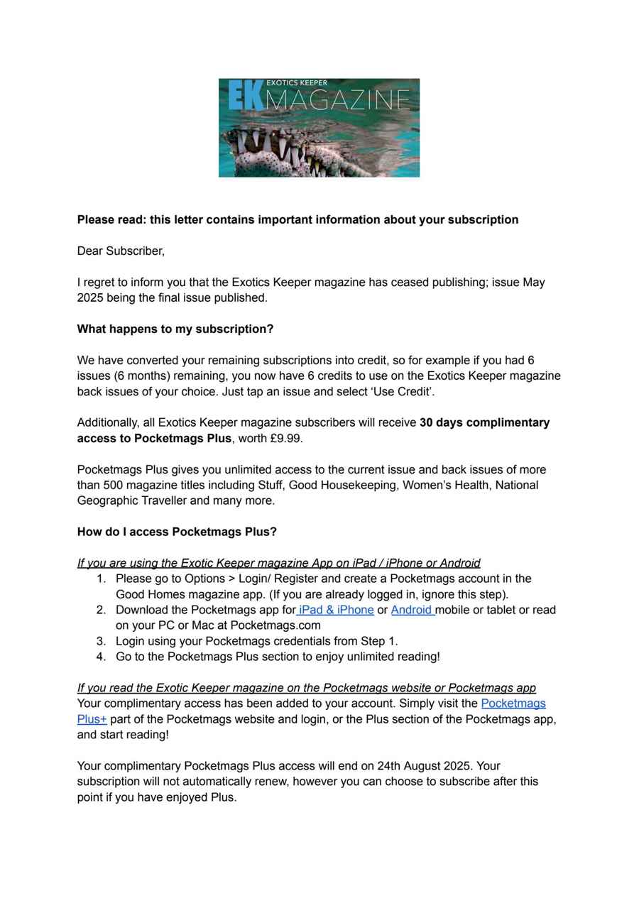 Exotics Keeper issue Important Notice