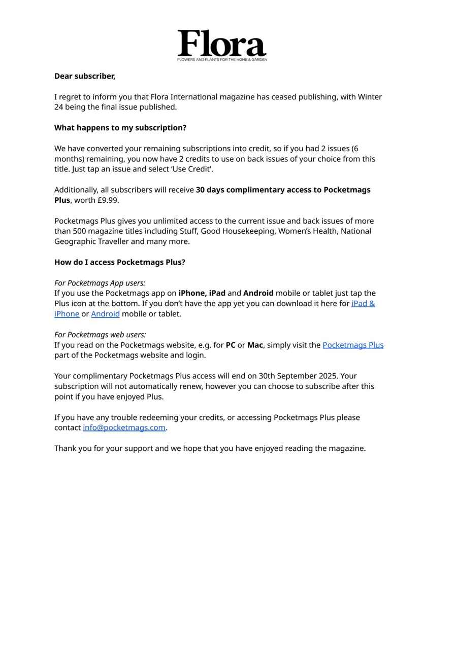 Flora International issue Important Information