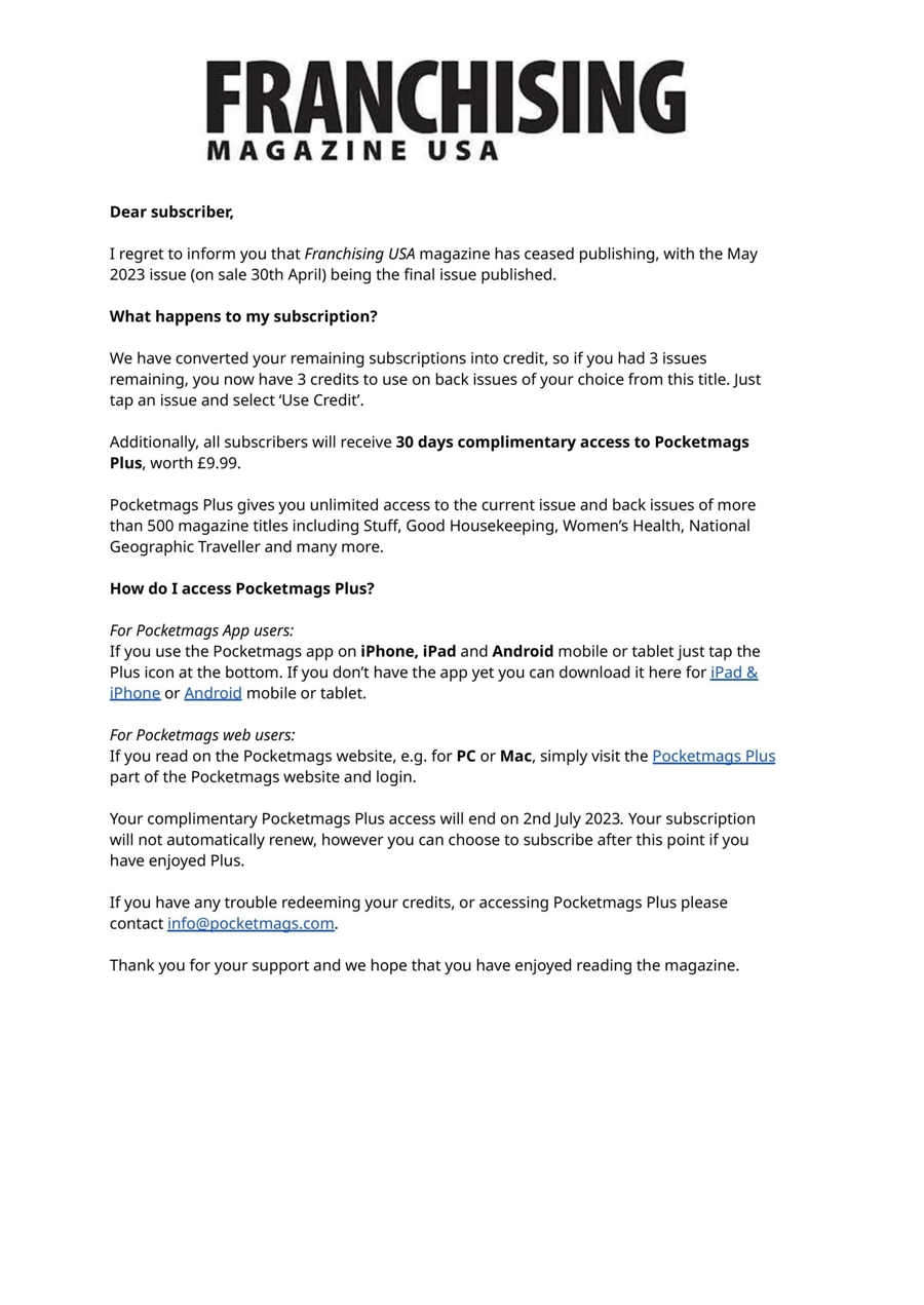 Franchising USA issue Important Notice