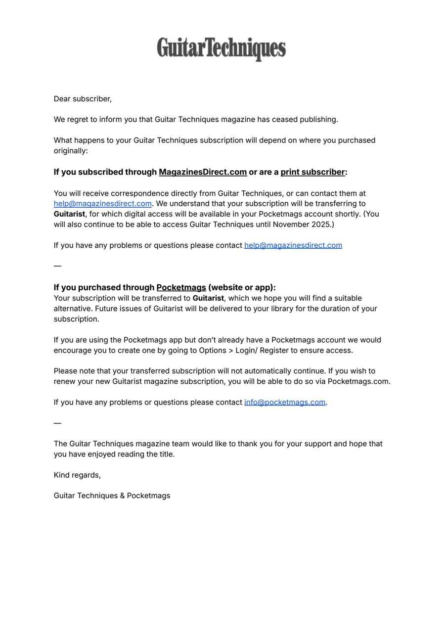 Guitar Techniques issue Important notice