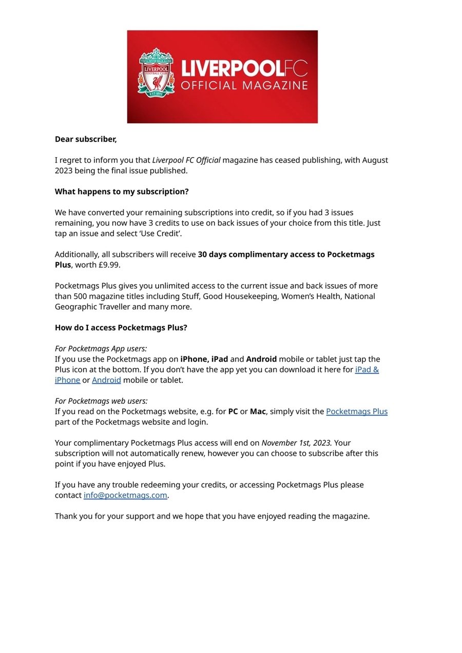 Liverpool FC Magazine issue Important Notice