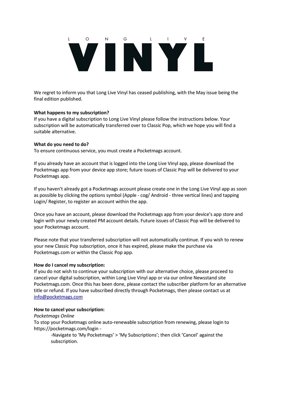Long Live Vinyl issue Important Information