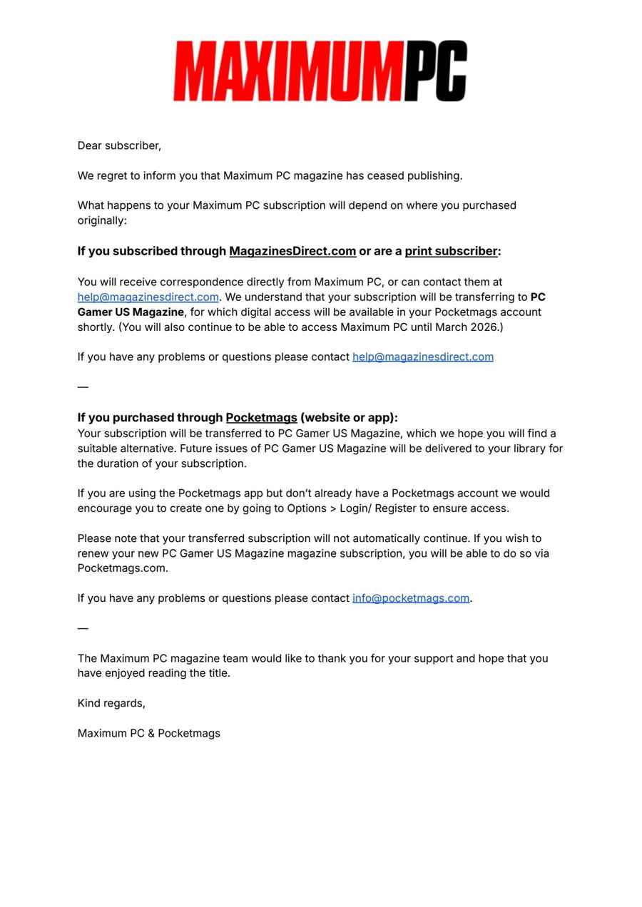 Maximum PC issue Important Notice