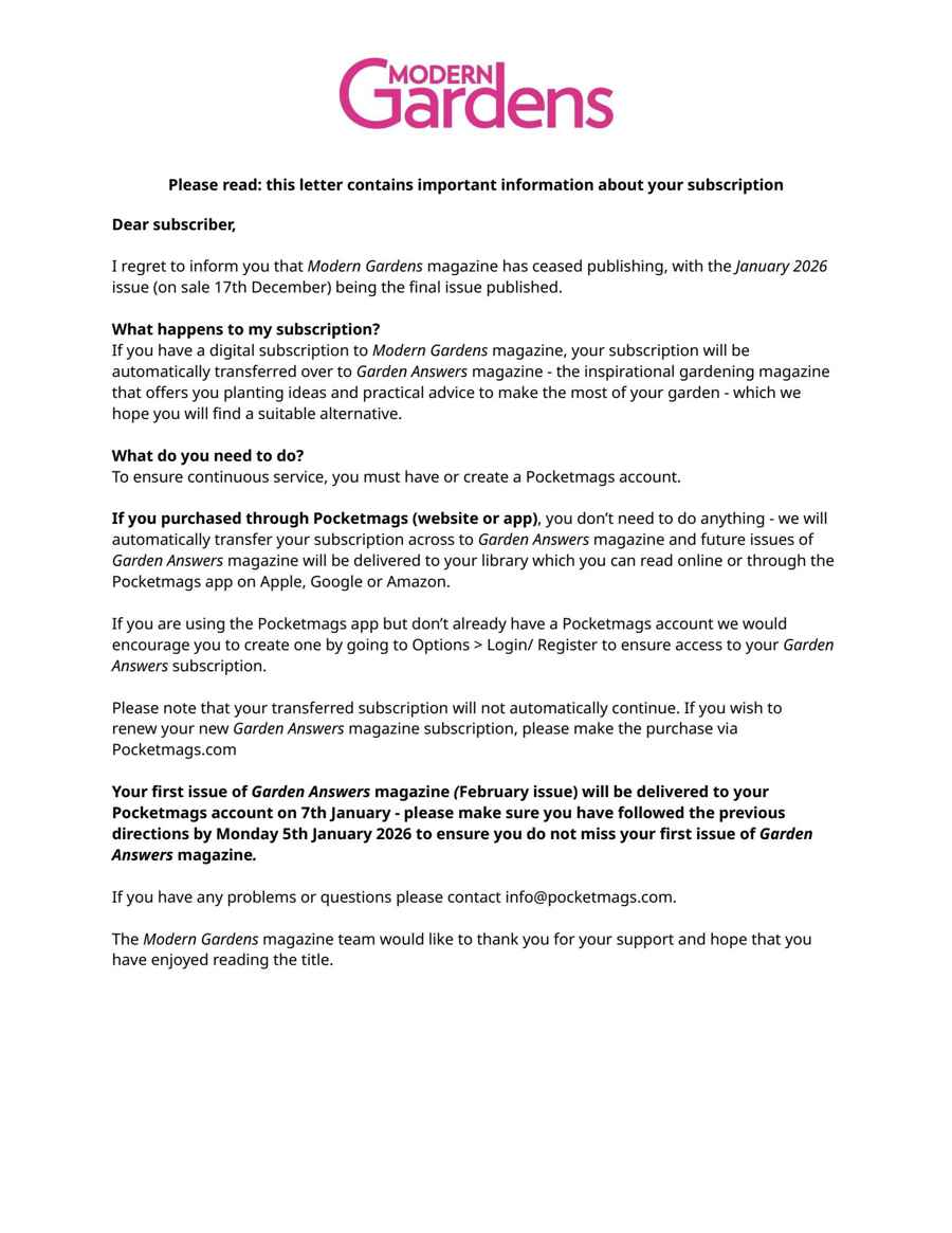 Modern Gardens issue Important Notice