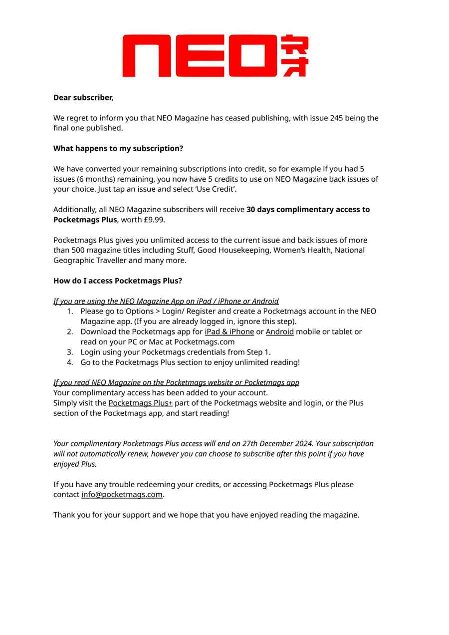 NEO Magazine issue Important Notice