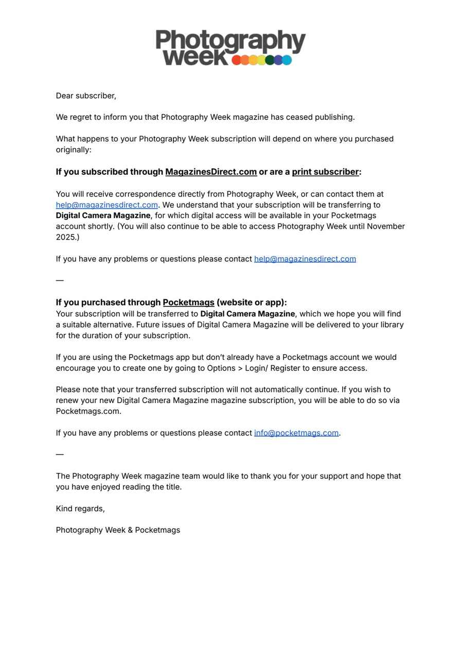 Photography Week issue Important notice