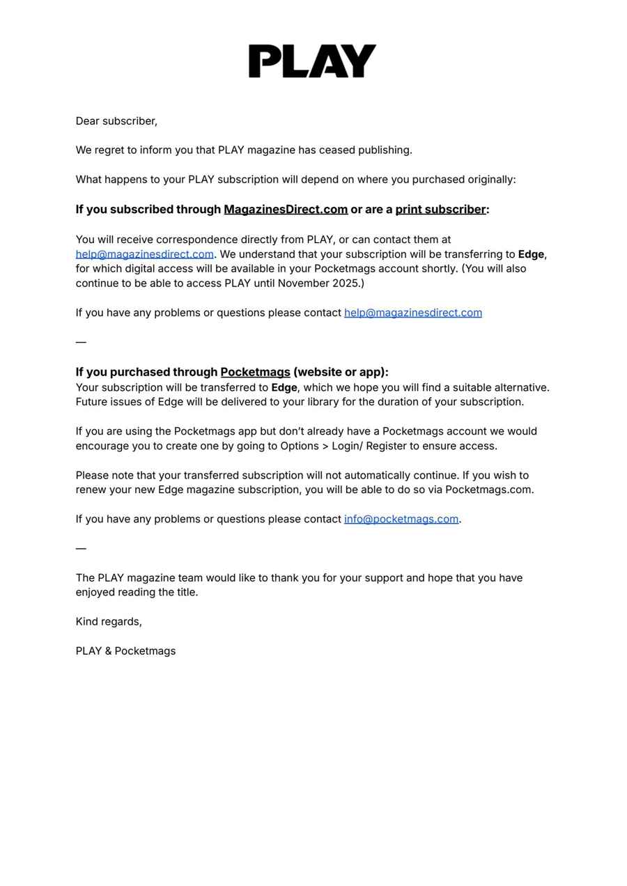PLAY Magazine issue Important notice