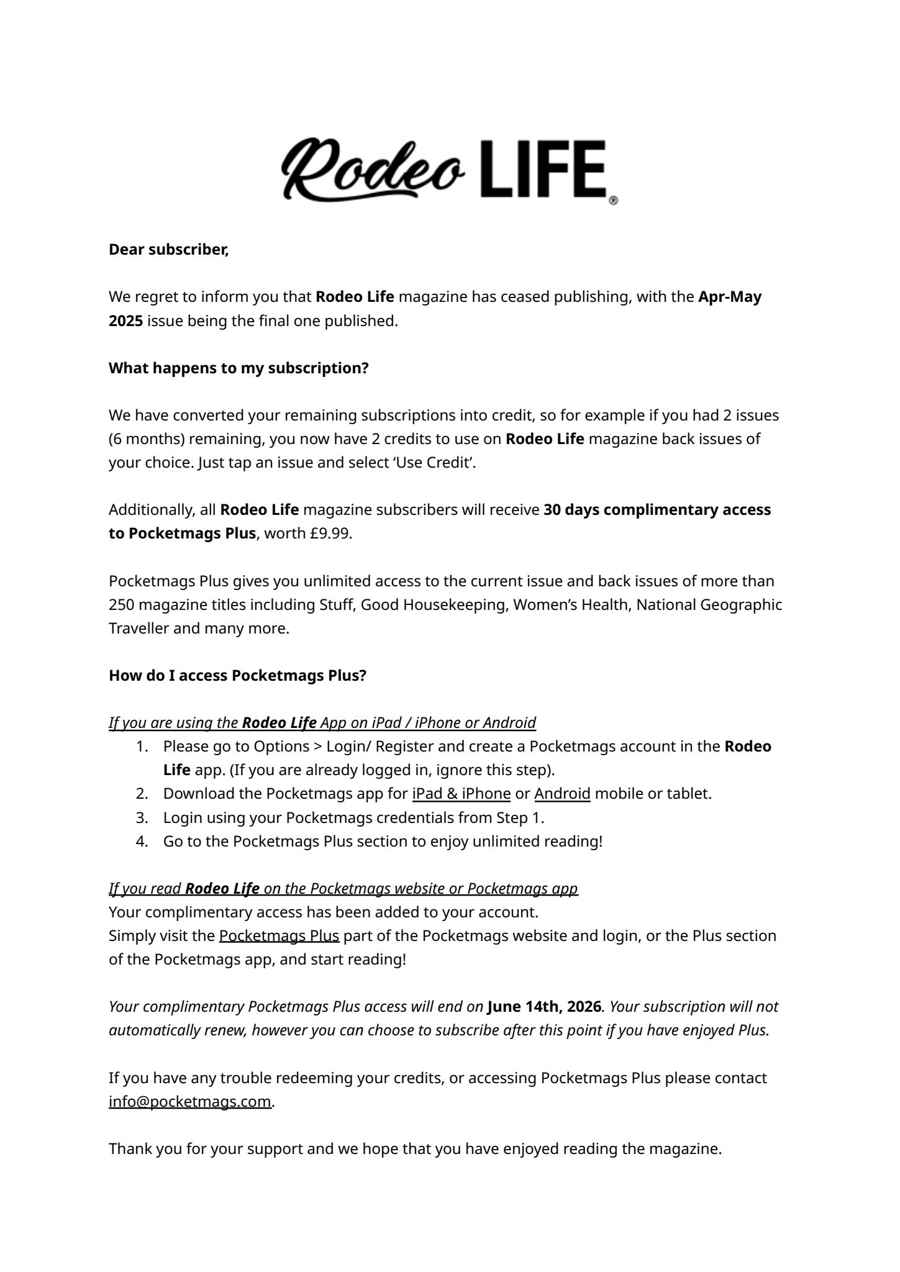 Rodeo Life issue Important Notice