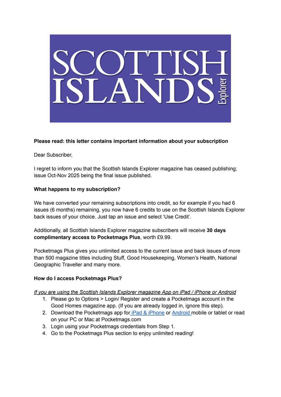 Scottish Islands Explorer issue Important Notice
