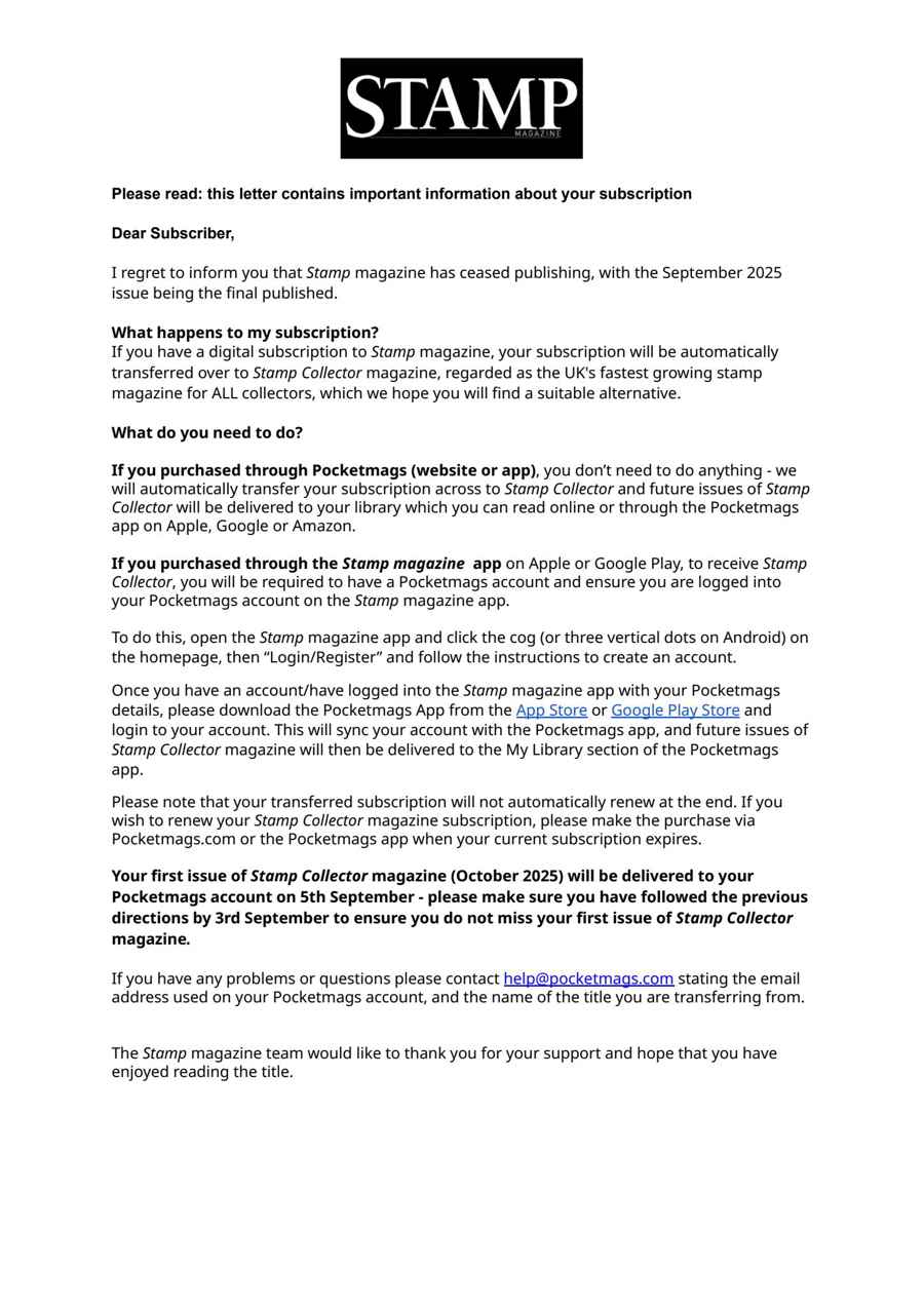 Stamp Magazine issue Important Notice