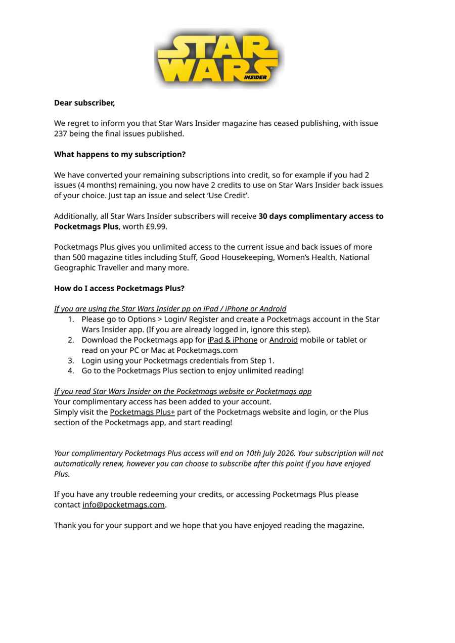 Star Wars Insider issue Important Notice