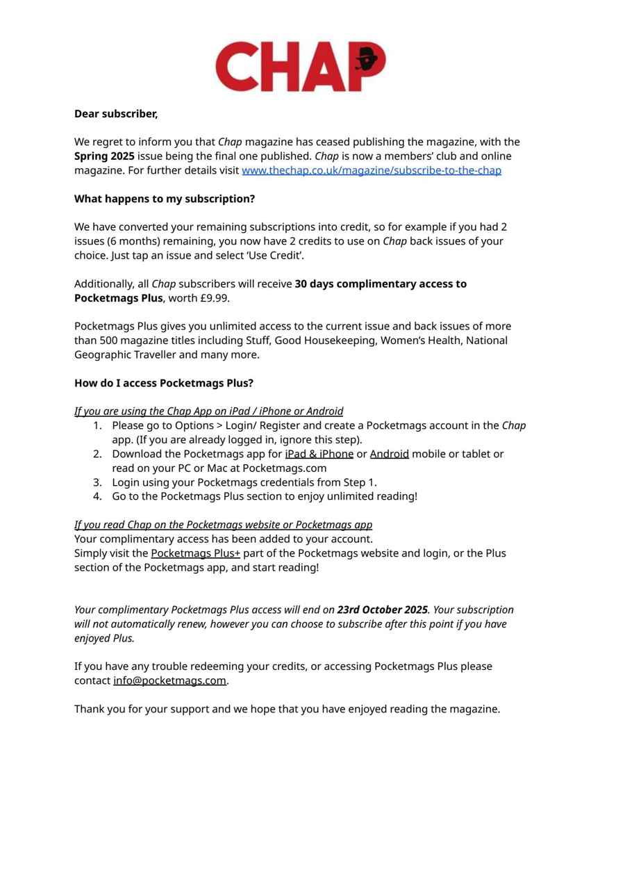 Chap issue Important Notice