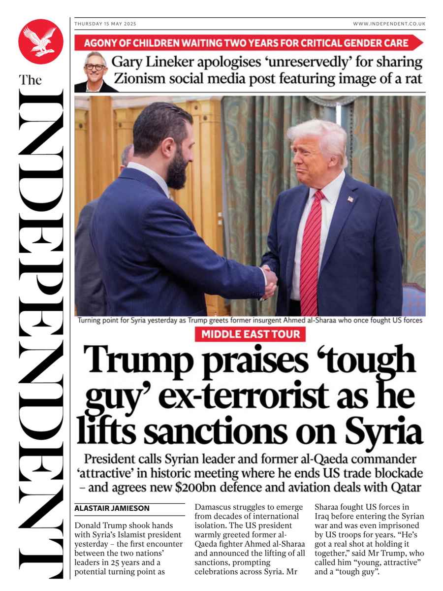 The Independent Daily Edition Newspaper issue Thursday, 15 May 2025