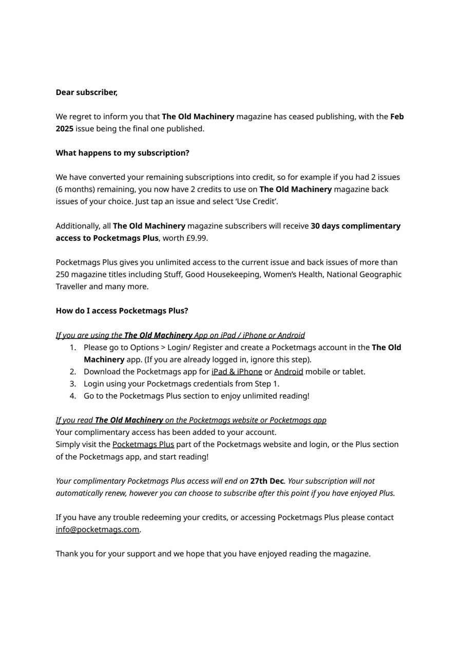The Old Machinery Magazine issue Important Notice