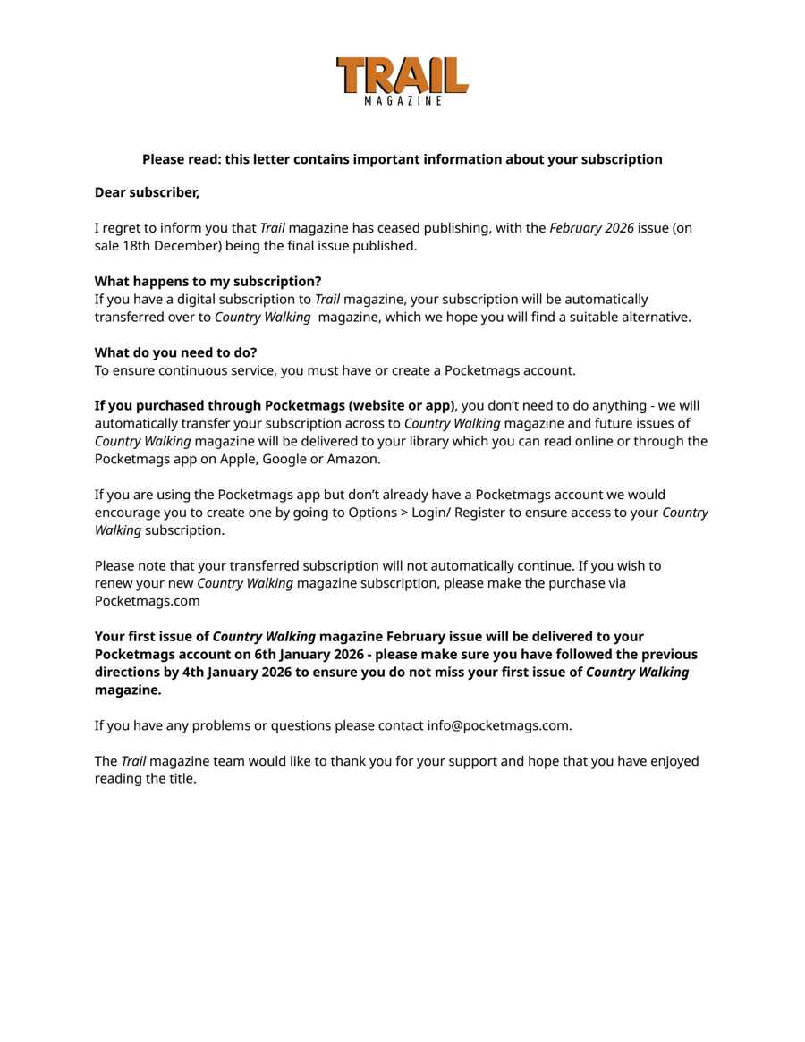 Trail issue Important Notice