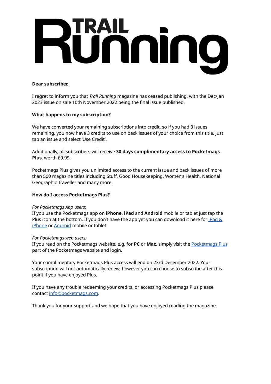 Trail Running issue Important Notice