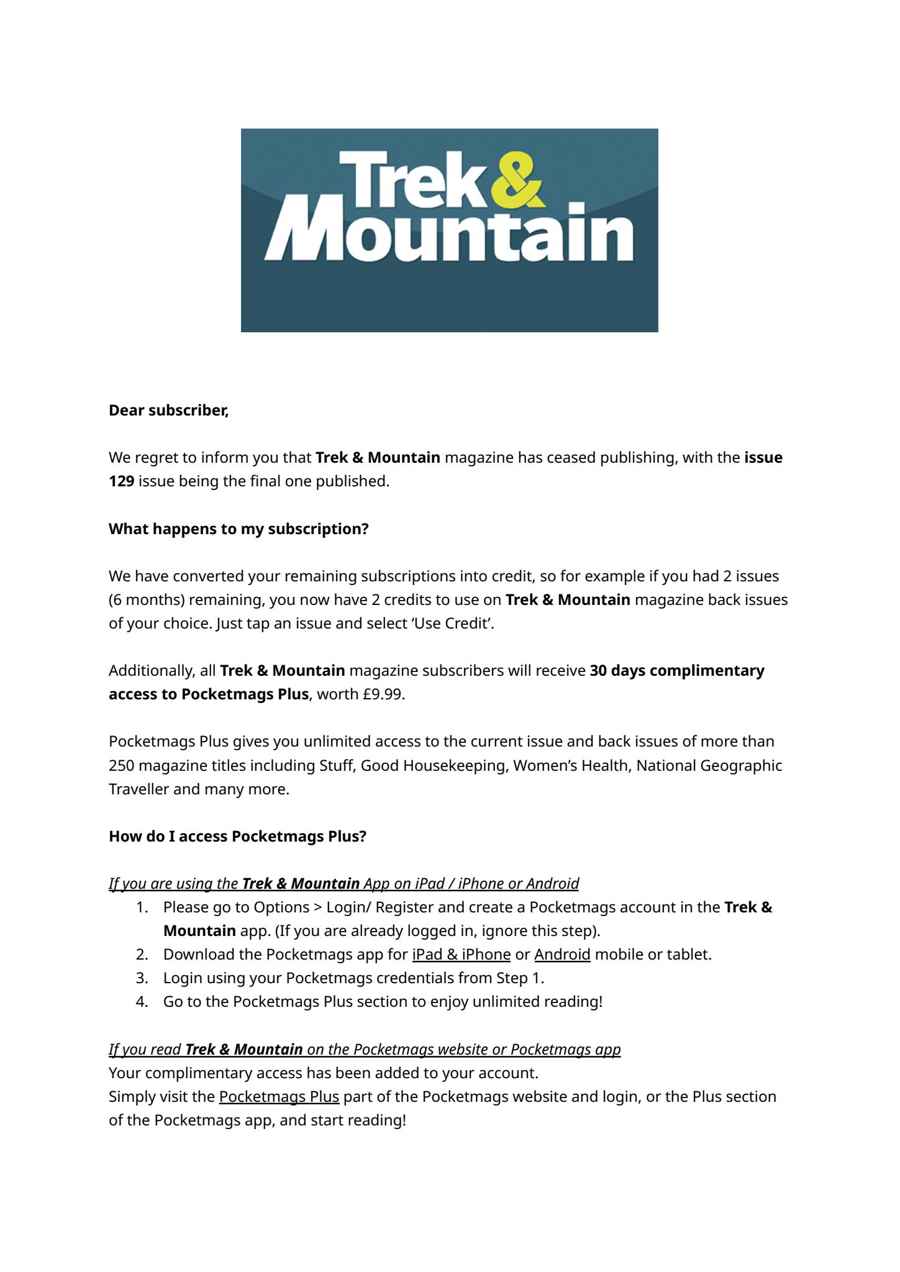 Trek & Mountain Magazine issue Important Information
