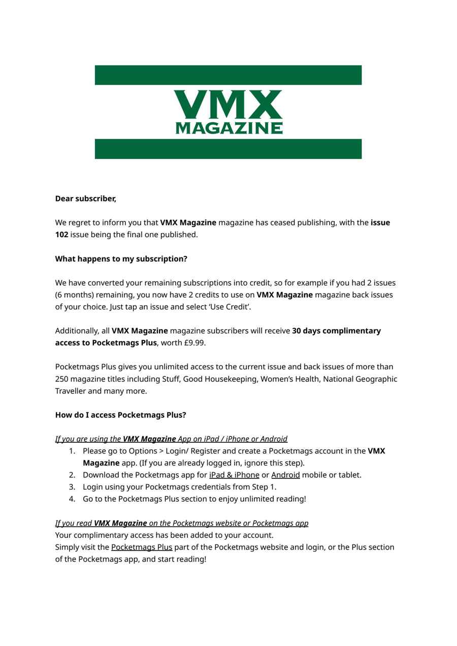 VMX Magazine issue Important Notice