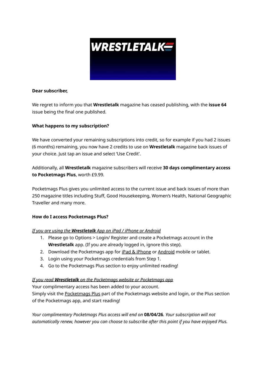 Wrestletalk Magazine issue Important Notice